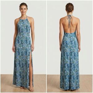 Blue Tropical Print Halter Backless Maxi Dress with Side Slit size small beach